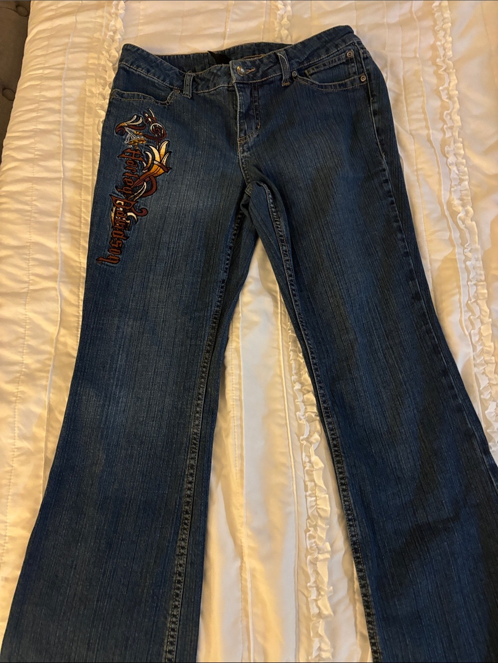 Harley-Davidson Blue Flare Jeans with Embroidered Side Graphic